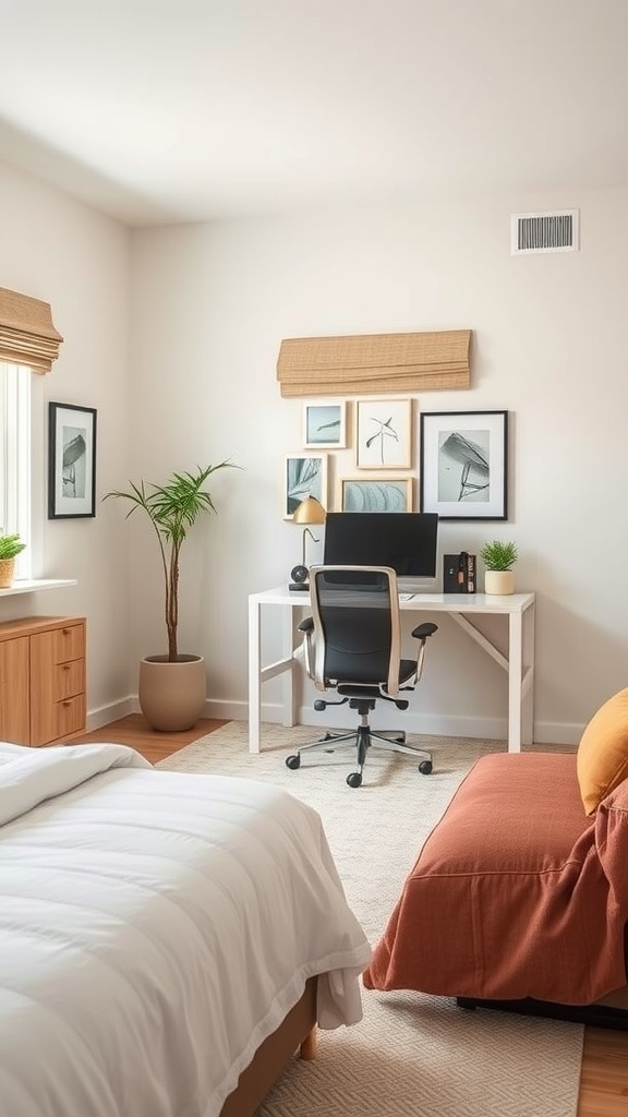 A cozy primary bedroom with a home office setup featuring a desk, chair, and plants.