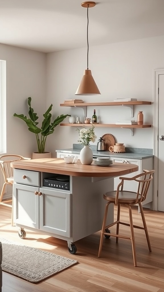 A modern tiny apartment kitchen featuring a mobile kitchen island on wheels with a wooden top, light wooden chairs, and open shelving.