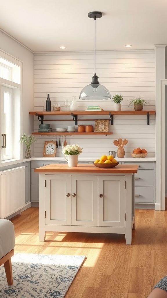 A bright and airy tiny farmhouse kitchen featuring a movable kitchen island with a wooden top, surrounded by open shelves and natural light.
