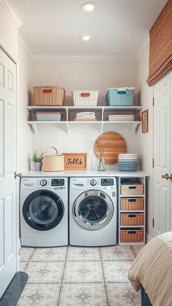 A small utility room featuring two washing machines, shelves with baskets, and a wooden sign.