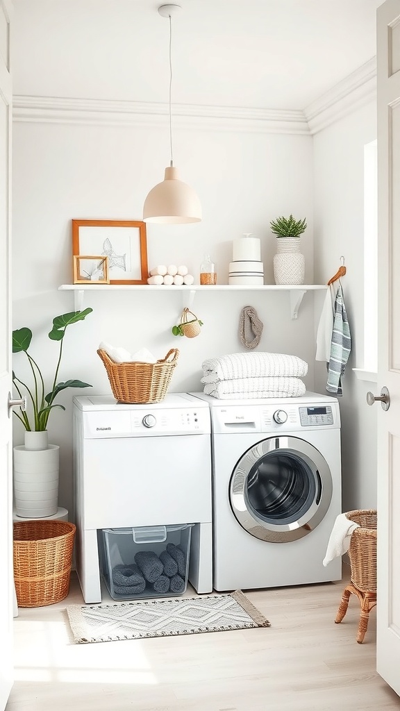 A small laundry room featuring a washing machine and dryer, with neatly arranged laundry baskets and decorative elements.
