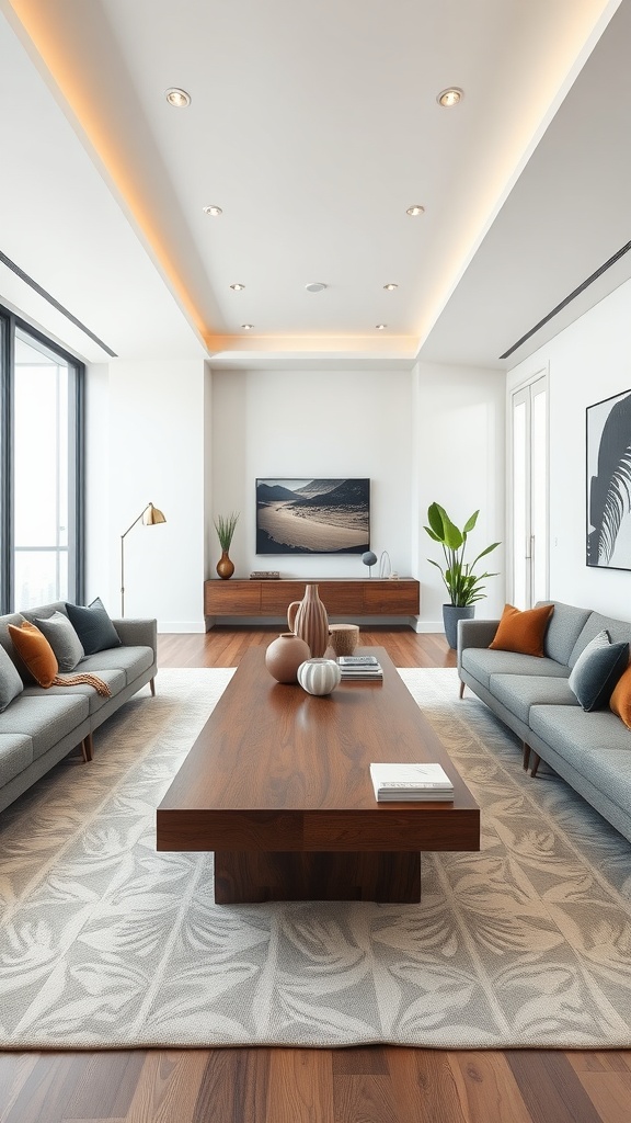 Long rectangular living room with a wooden coffee table, gray sofas, and decorative accessories on a rug.