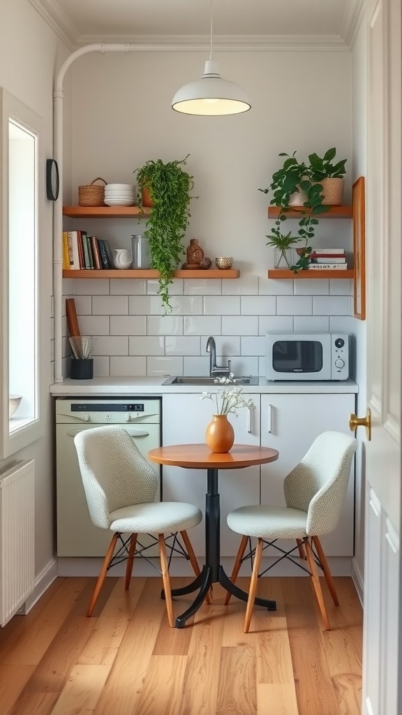 A cozy mini breakfast nook in an apartment kitchen with a round table, two chairs, and plants on the shelves.