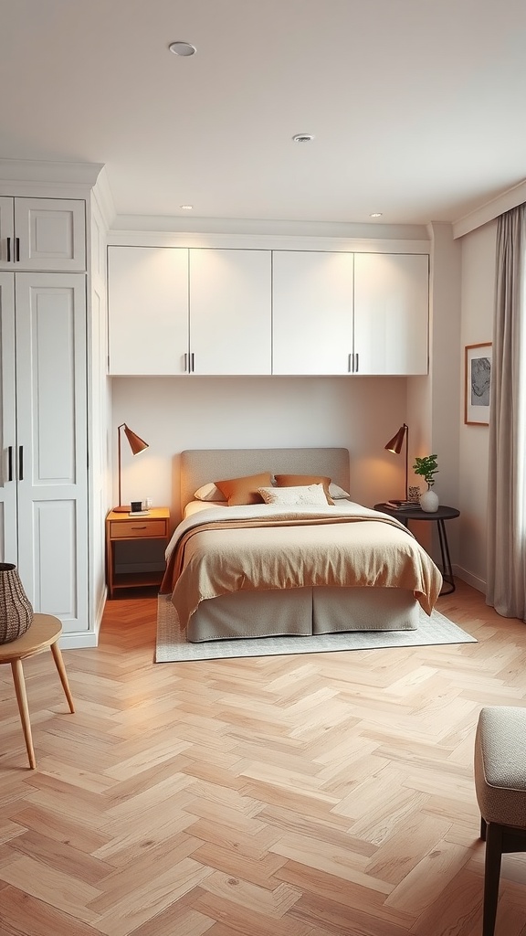Cozy bedroom featuring a Murphy bed with warm tones and stylish decor