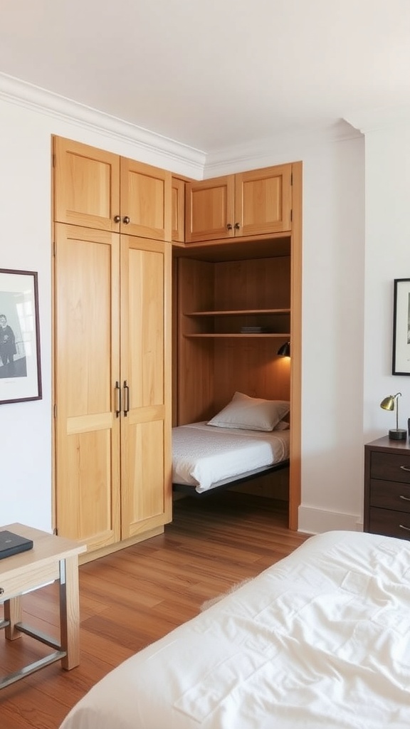 A small bedroom featuring a Murphy bed integrated into wooden cabinetry.