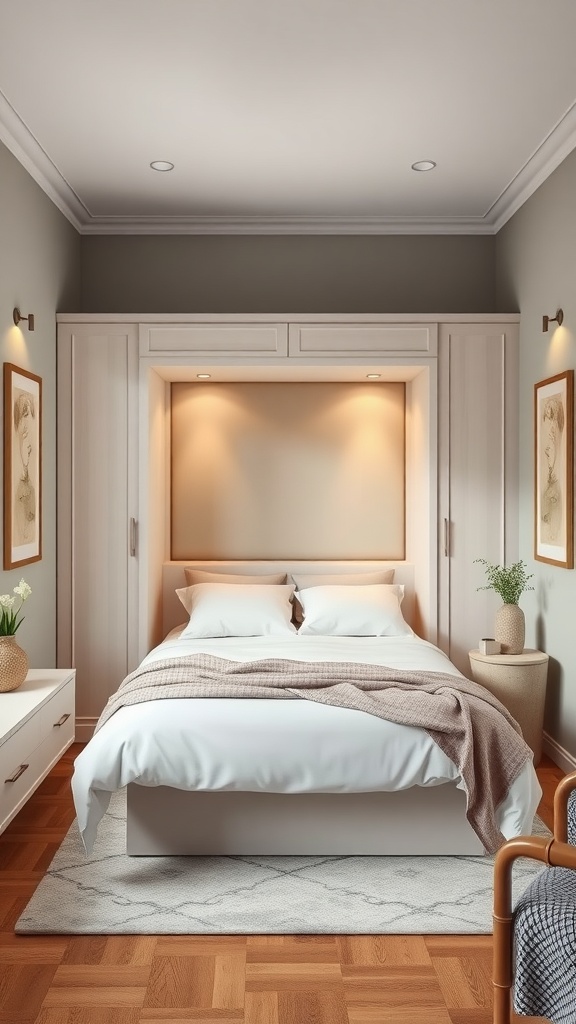 A cozy tiny bedroom featuring a Murphy bed integrated into light wood cabinetry with soft lighting.