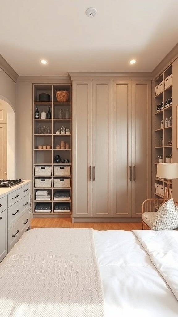 A modern pantry with shelves and cabinets, featuring neatly organized baskets and containers.
