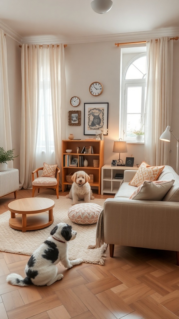 A cozy living room with two dogs, featuring soft furnishings and a warm color palette.
