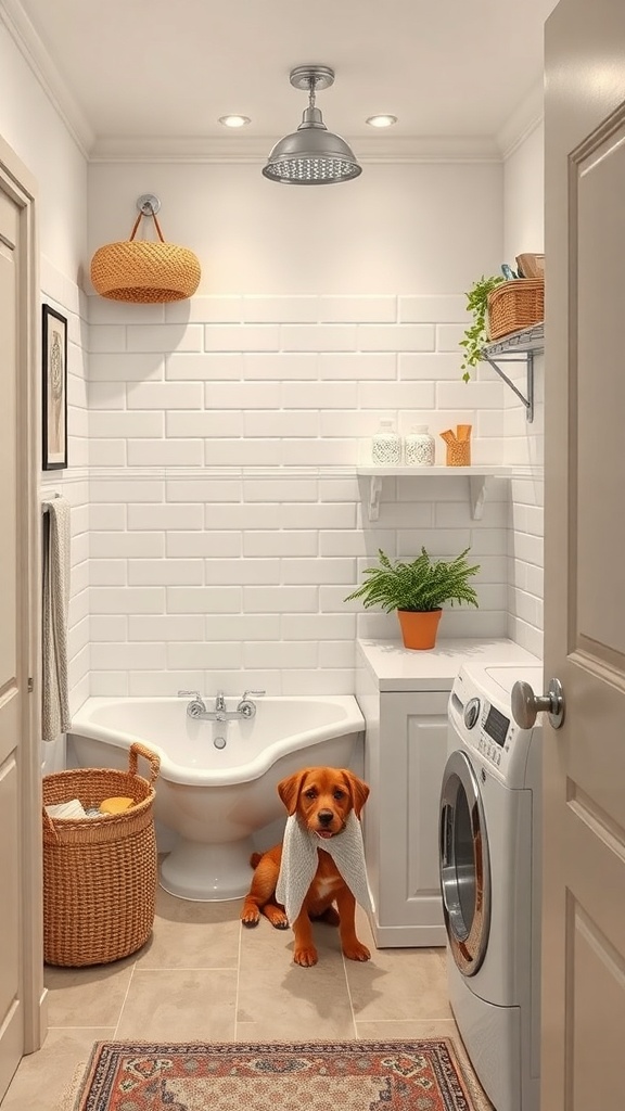 A small laundry room with a pet washing station, featuring a dog wrapped in a towel, a tub for washing, and organized shelves.