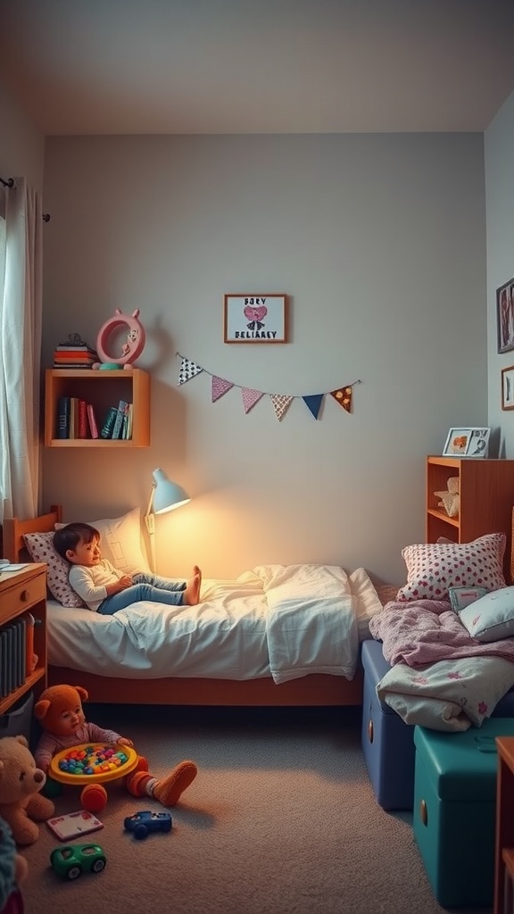 A small cozy bedroom shared by two sisters, featuring a play area with toys, colorful decor, and a neatly made bed.