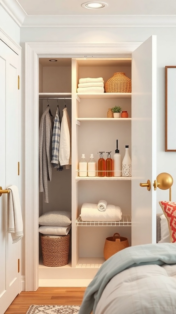 A well-organized bathroom closet with shelves and a pull-down drying rack.