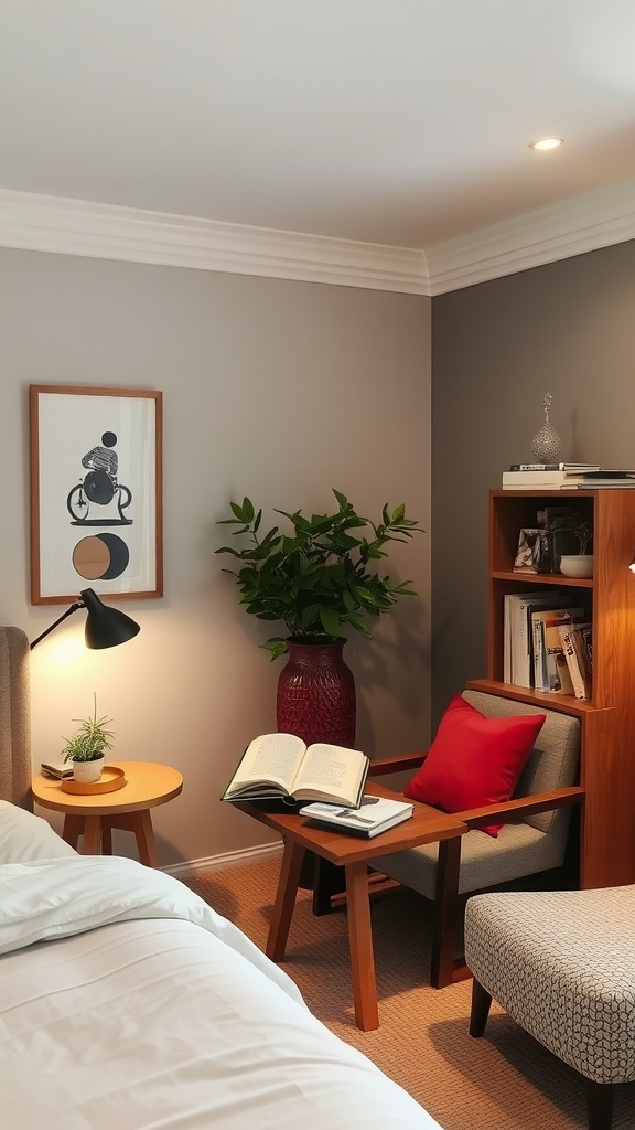 A cozy reading nook in a bedroom featuring a chair, lamp, small table, and plants