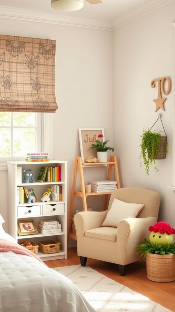A cozy toddler bedroom featuring a reading nook with a comfortable armchair and colorful bookshelves.
