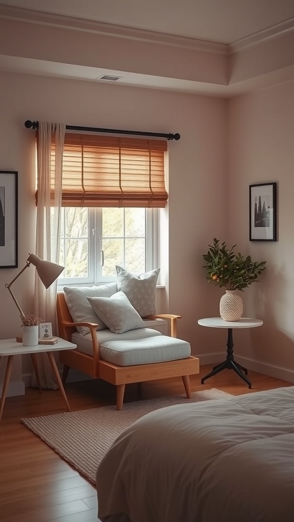 A cozy corner in a bedroom featuring a comfortable chair, pillows, a side table, and a plant by the window.