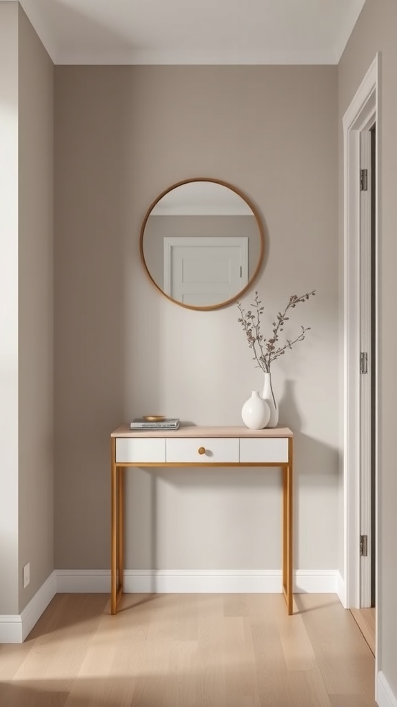 A narrow entryway with a slim console table, round mirror, and decorative vase.
