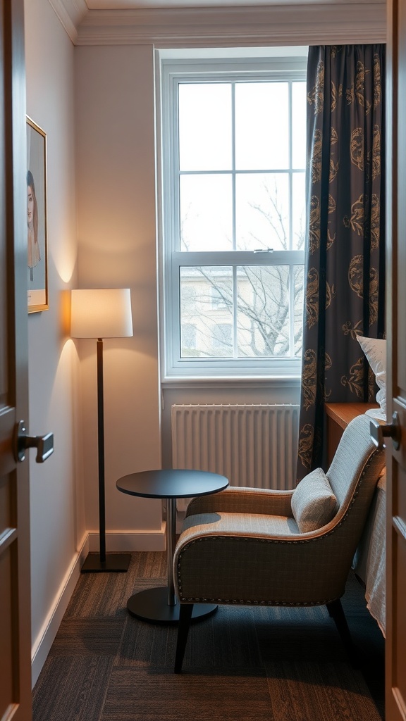 A small guest bedroom featuring a cozy seating area with a chair, side table, and floor lamp.