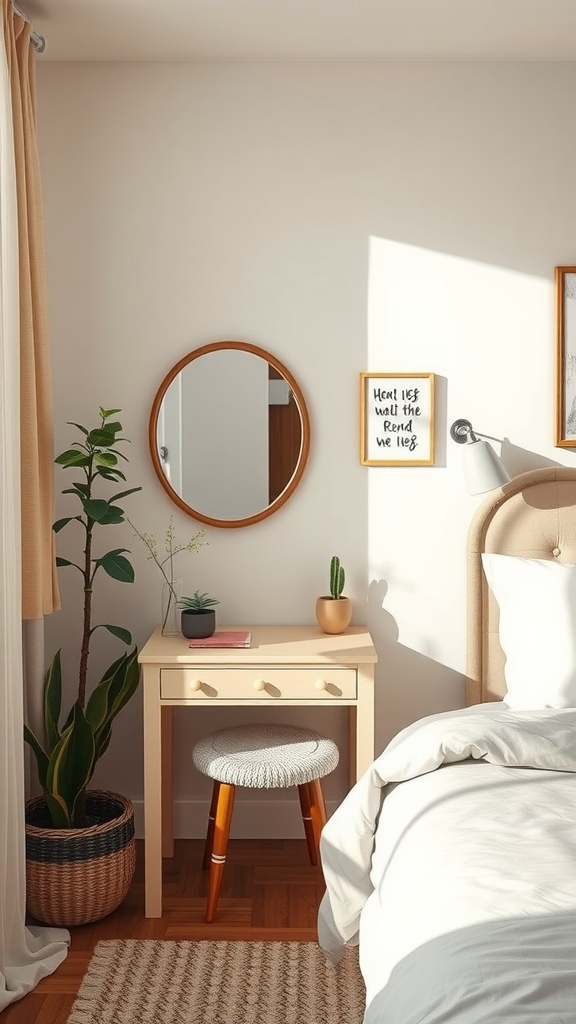 A cozy small bedroom featuring a light-colored vanity table with a round mirror, a comfortable stool, and plants beside the bed.