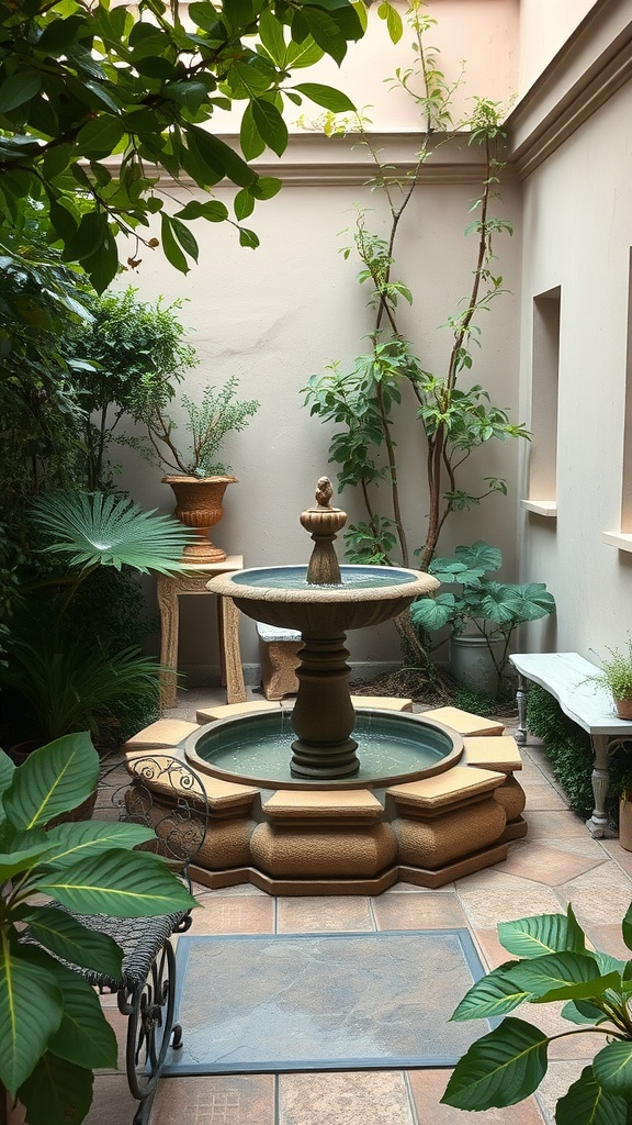 Small courtyard garden featuring a fountain surrounded by greenery