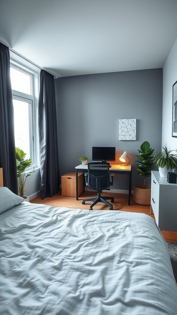 A modern L-shaped bedroom featuring a small workspace with a desk, chair, plants, and a bed.
