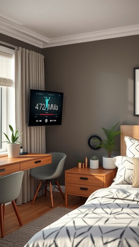 Cozy bedroom corner with a smart speaker on the wall, featuring a desk and comfortable seating.