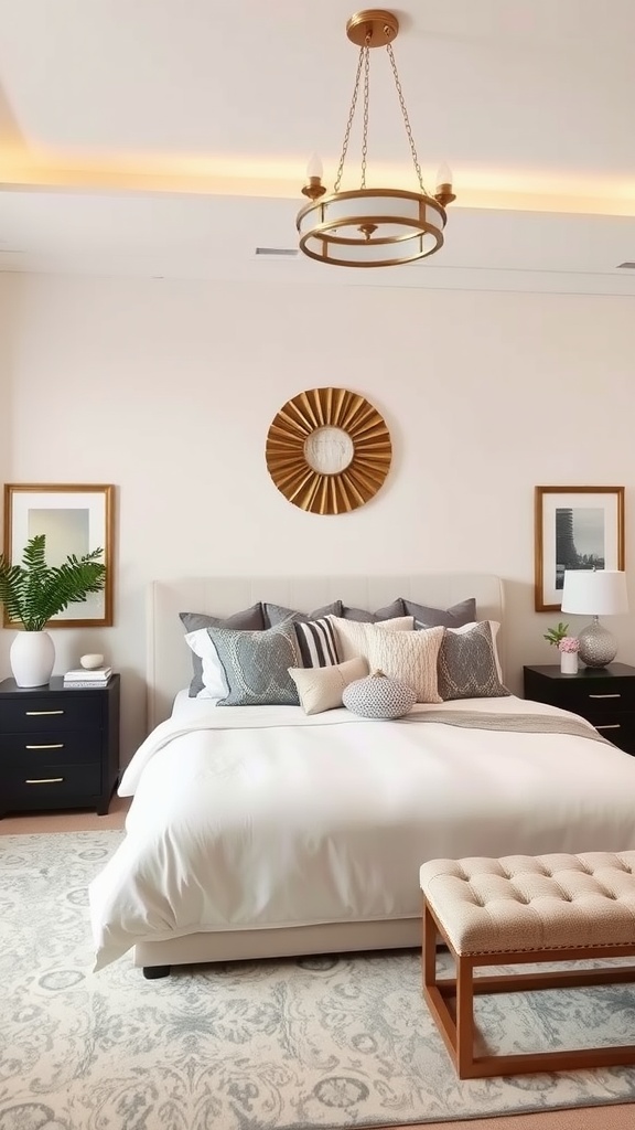 A modern bedroom featuring a statement bed with a plush headboard, decorative pillows, stylish nightstands, and warm lighting.