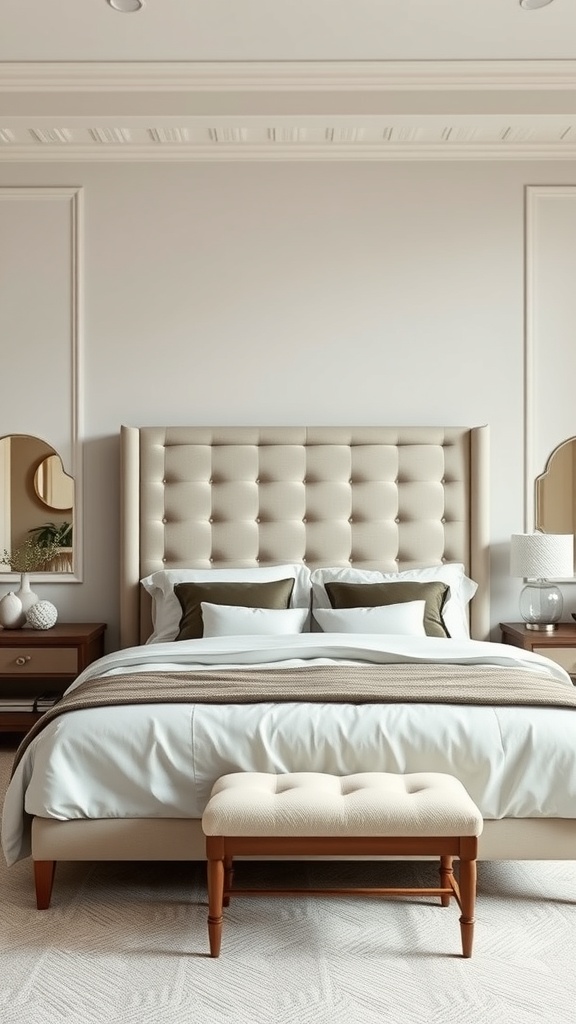 A stylish bedroom featuring a tufted headboard, light bedding, and a small bench at the foot of the bed.