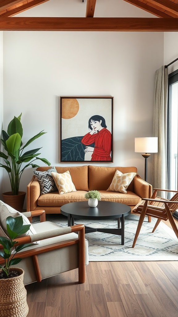 A cozy family room with a statement piece artwork, warm orange sofa, and plants.