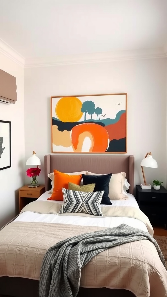 A small square bedroom featuring a colorful abstract art piece above a bed with various throw pillows.