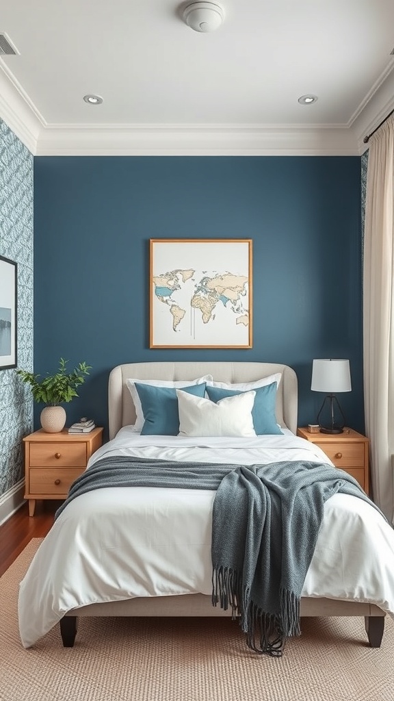 Cozy small bedroom with a statement blue wall and world map artwork