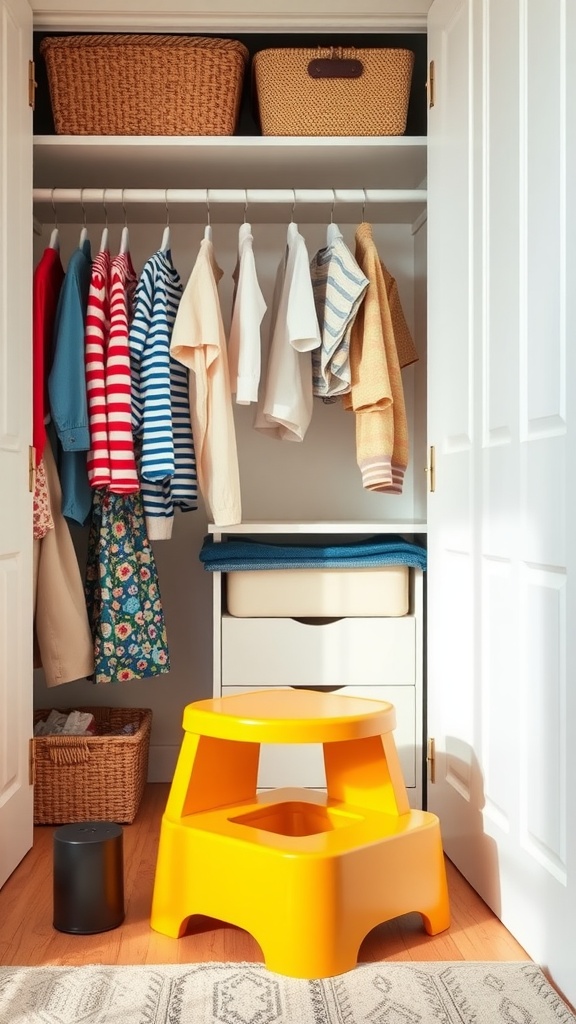 A well-organized toddler closet with a bright yellow step stool for easy access to clothes