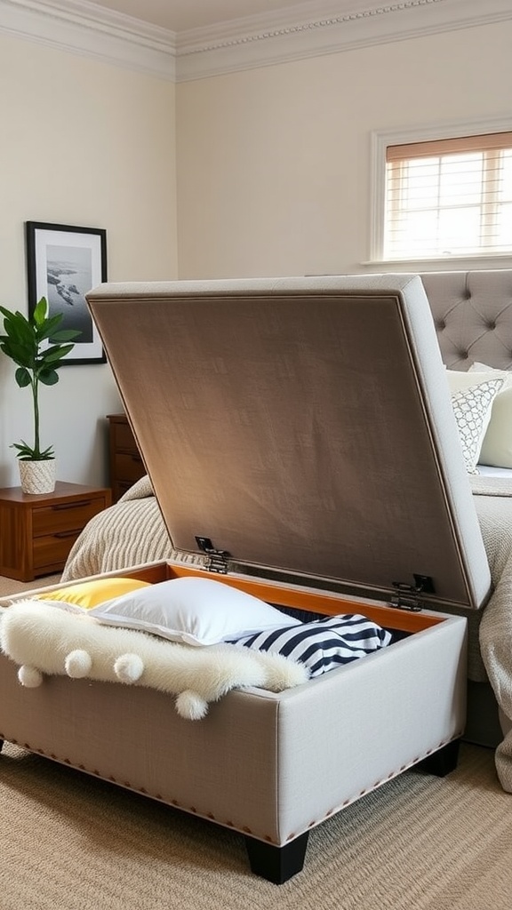 A stylish storage ottoman with an open lid, showcasing neatly arranged pillows and blankets inside, set in a cozy bedroom.