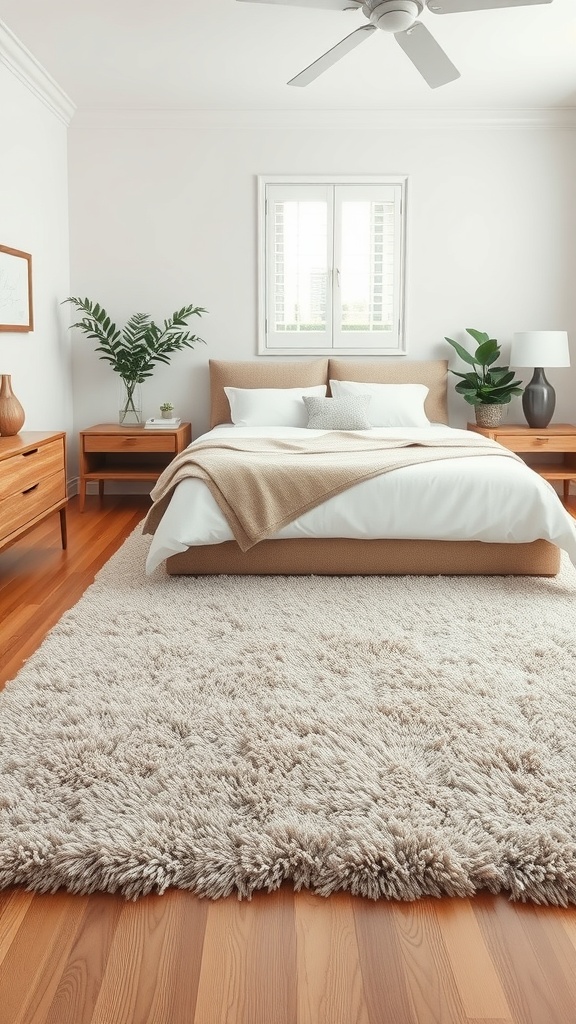 Cozy bedroom featuring a plush cream rug on wooden floors, with a neatly made bed and plants in the background.