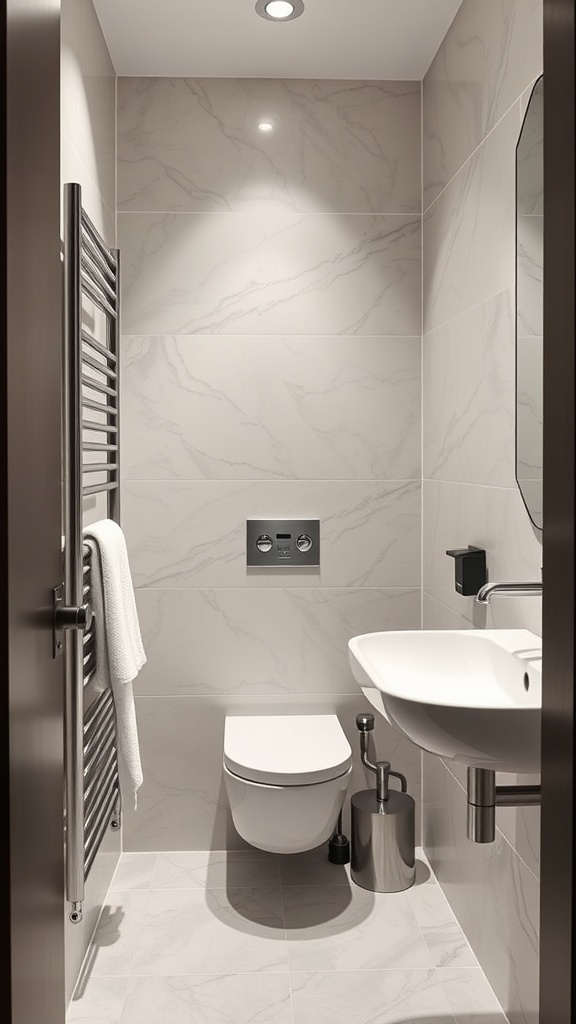 Small bathroom featuring a modern towel warmer and minimalist design.