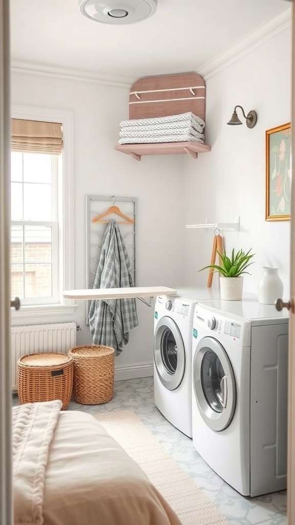 A cozy laundry room with a wall-mounted ironing board, stylish baskets, and a plant.