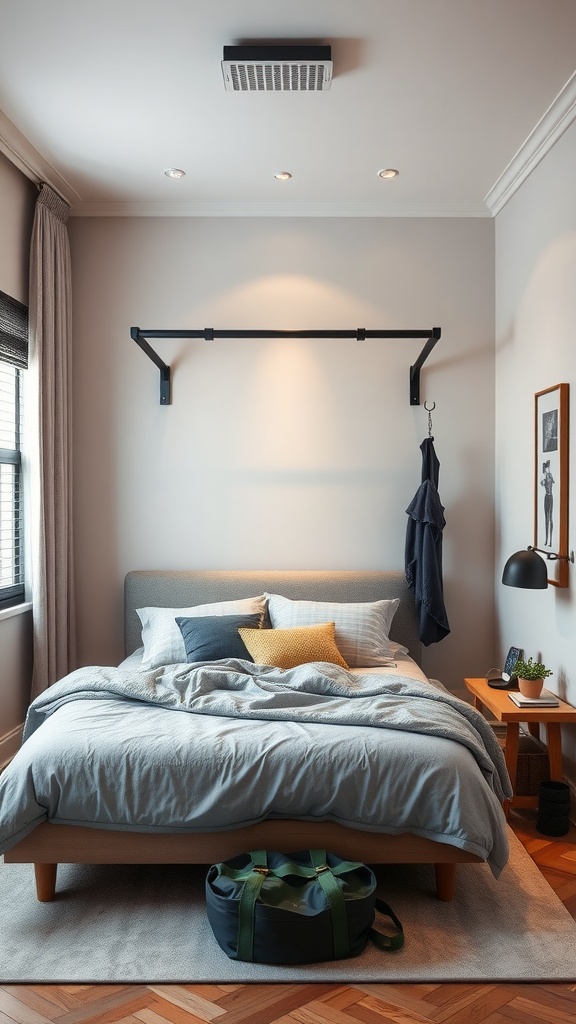 A bedroom featuring a wall-mounted pull-up bar above a bed, with cozy bedding and a stylish decor.