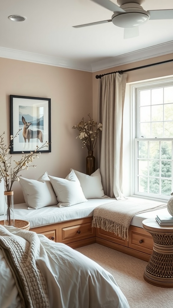 Cozy reading nook with a window seat, plush pillows, and soft decor