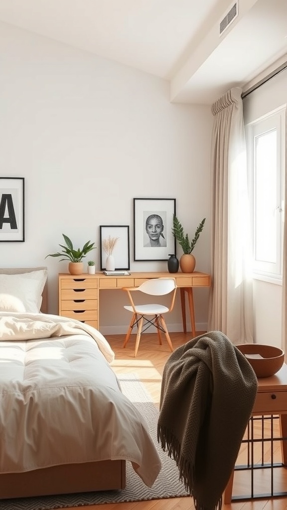 A cozy bedroom with a workspace featuring a desk, chair, and decorative plants.