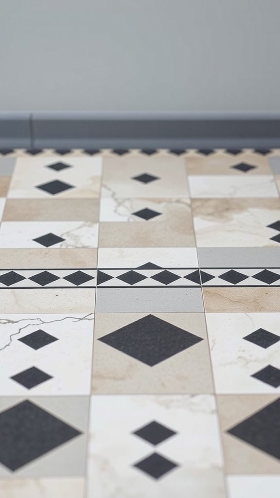 Peel and stick floor tiles with a mix of neutral colors and black diamond accents.