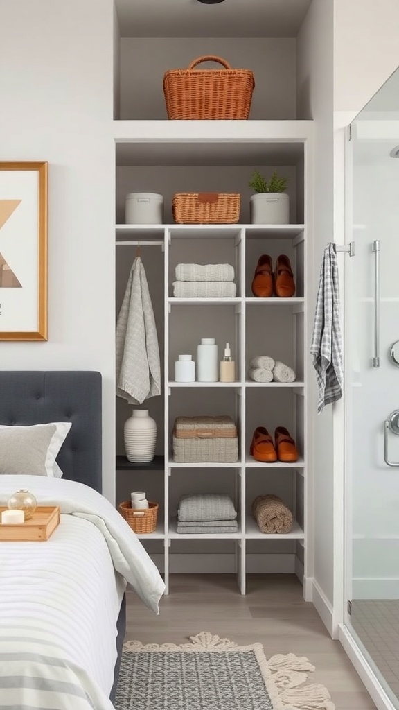 A bathroom closet with adjustable shelving, featuring neatly arranged towels, baskets, and toiletries.