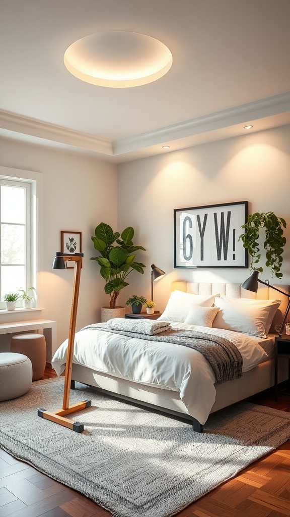A cozy bedroom gym corner with ambient lighting from a ceiling light and a floor lamp, featuring plants and a warm atmosphere.