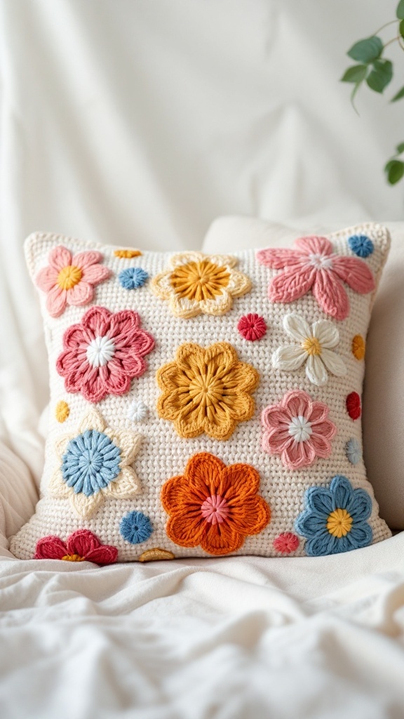 Colorful crochet pillow cover featuring various flower designs
