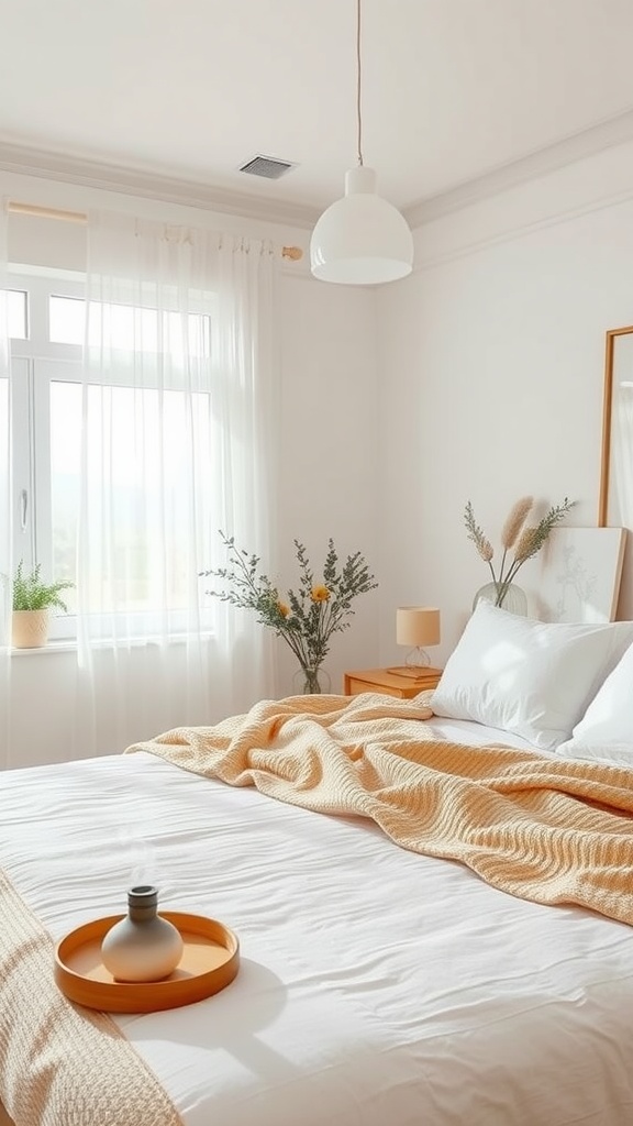 A bright, cozy bedroom with a white bedspread, soft orange throw and a stylish vase, creating a relaxing atmosphere.