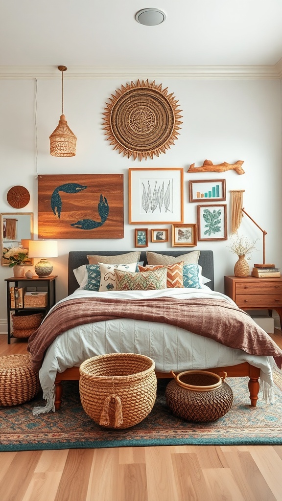A Scandinavian boho bedroom featuring a blend of art, textiles, and natural materials.