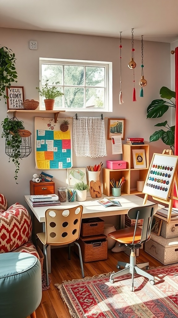 A cozy living room and playroom combo featuring a creativity station with art supplies, a desk, and plants.