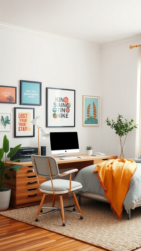 A bedroom office combination with a desk, computer, and art on the wall.