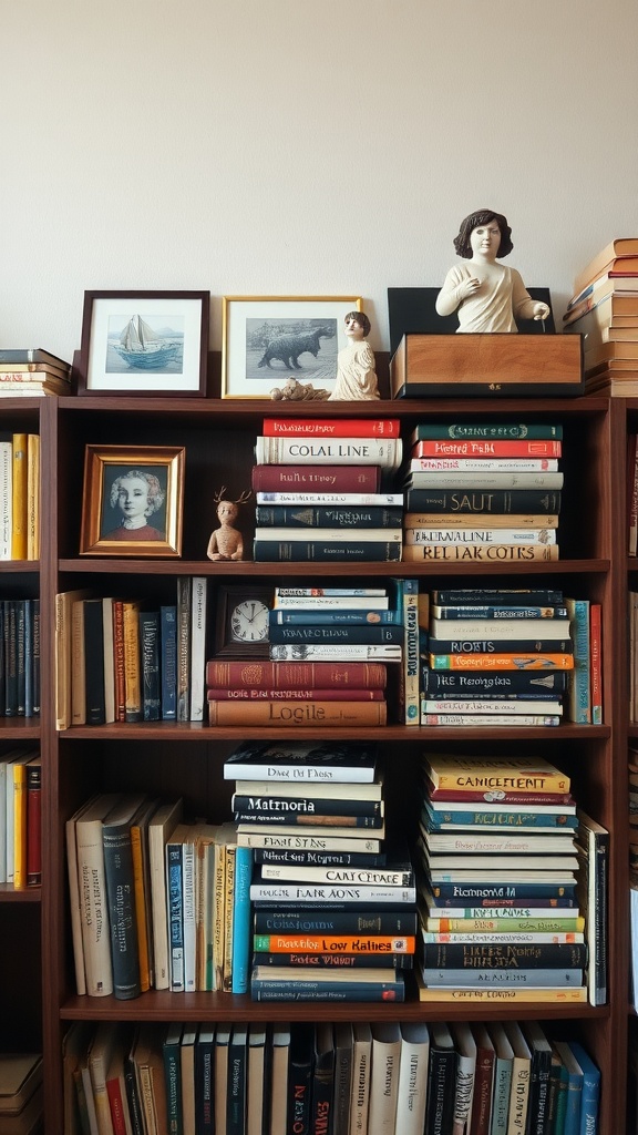 A bookshelf filled with books, small sculptures, and framed pictures, showcasing a mix of literature and art.