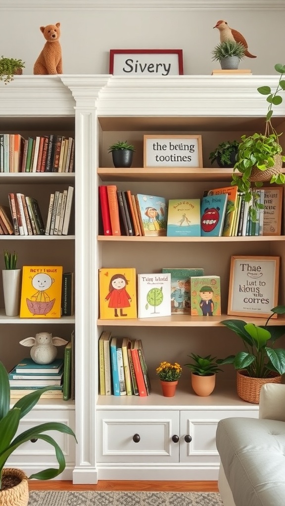 A colorful children's bookshelf featuring bright book covers, playful animal figures, and small plants.