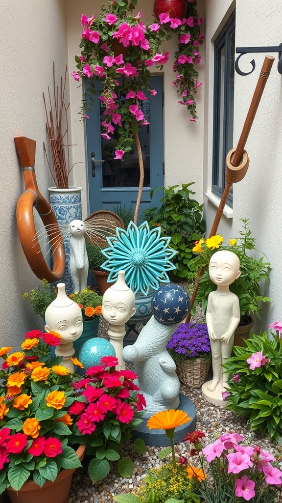 A colorful courtyard garden featuring various sculptures, flowers, and greenery.