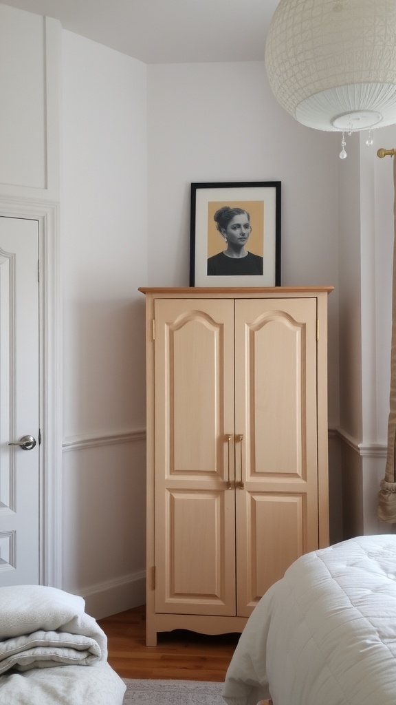 Small bedroom with a wardrobe and a portrait above it.