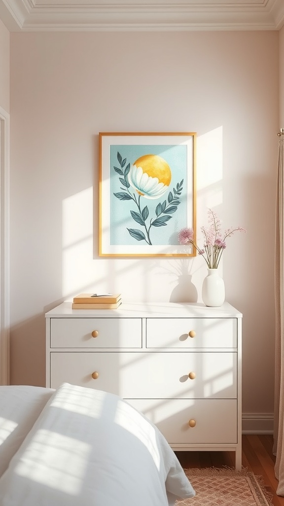 A small bedroom with a white dresser and artwork above it, featuring a flower and sun design.